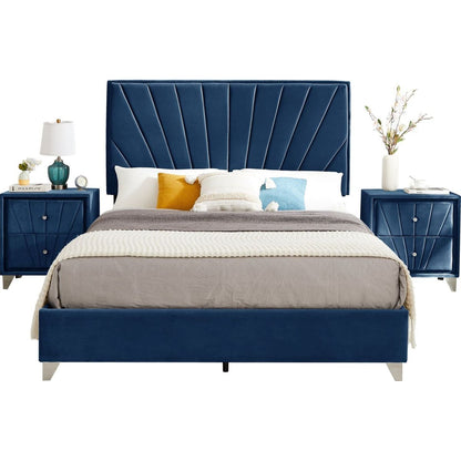 Full bed with two nightstands, Beautiful line stripe cushion headboard, strong wooden slats + metal legs with Electroplate