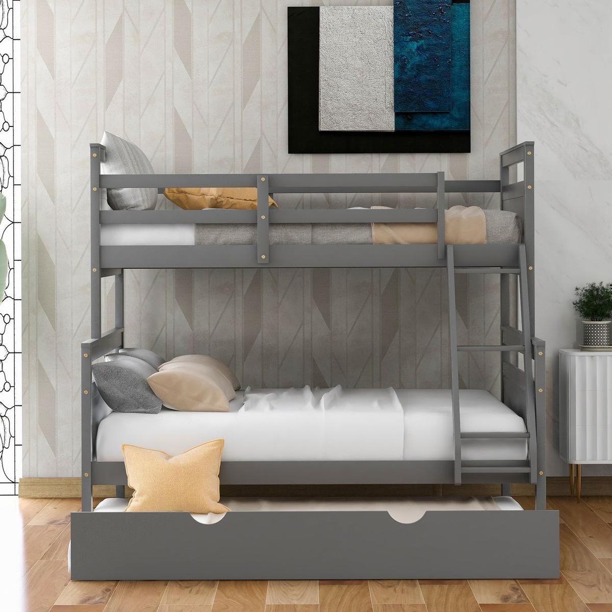 Twin over Full Bunk Bed with Ladder, Twin Size Trundle, Safety Guardrail, Gray