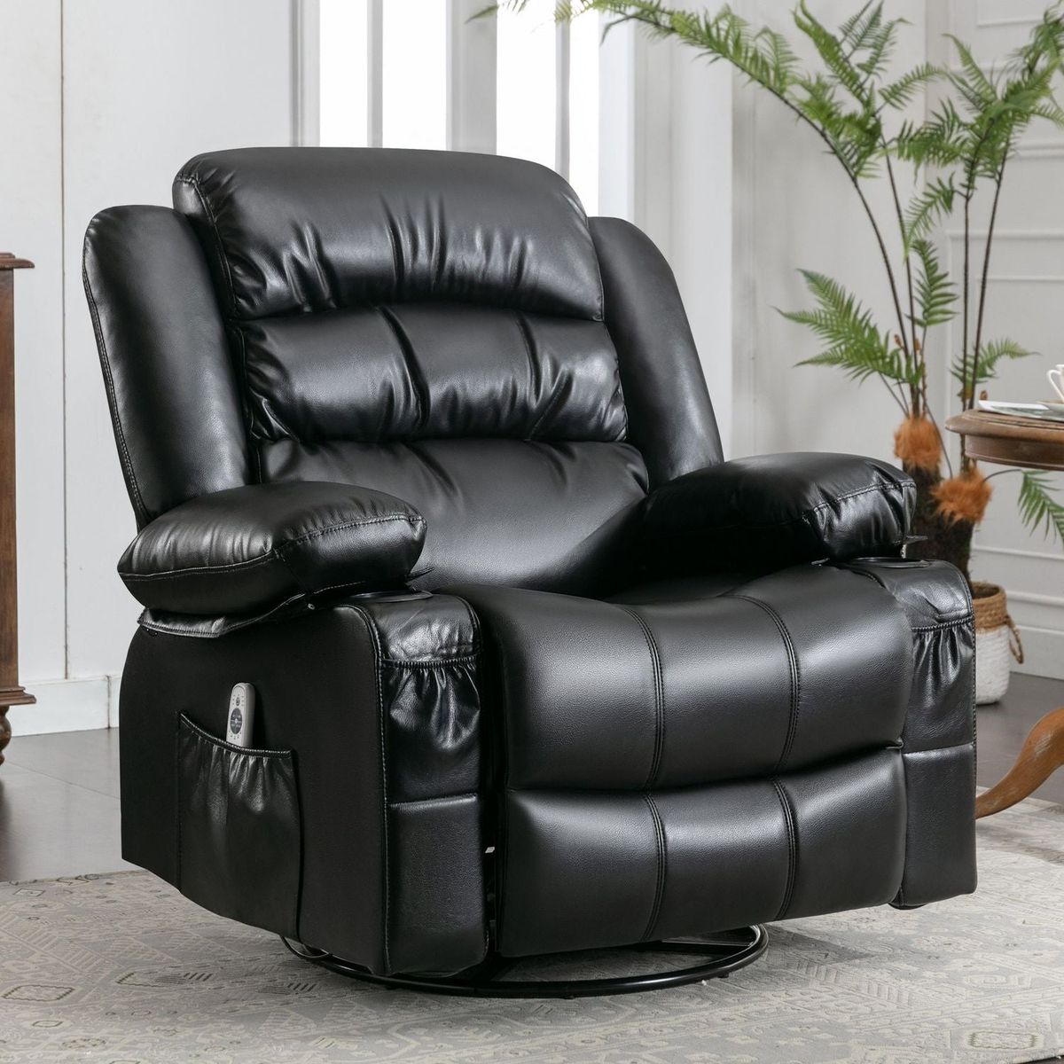 Massage Swivel Rocker Recliner Chair with Vibration Massage and Heat Ergonomic Lounge Chair for Living Room with Rocking Function and Side Pocket 2 Cup Holders USB Charge Port, black.