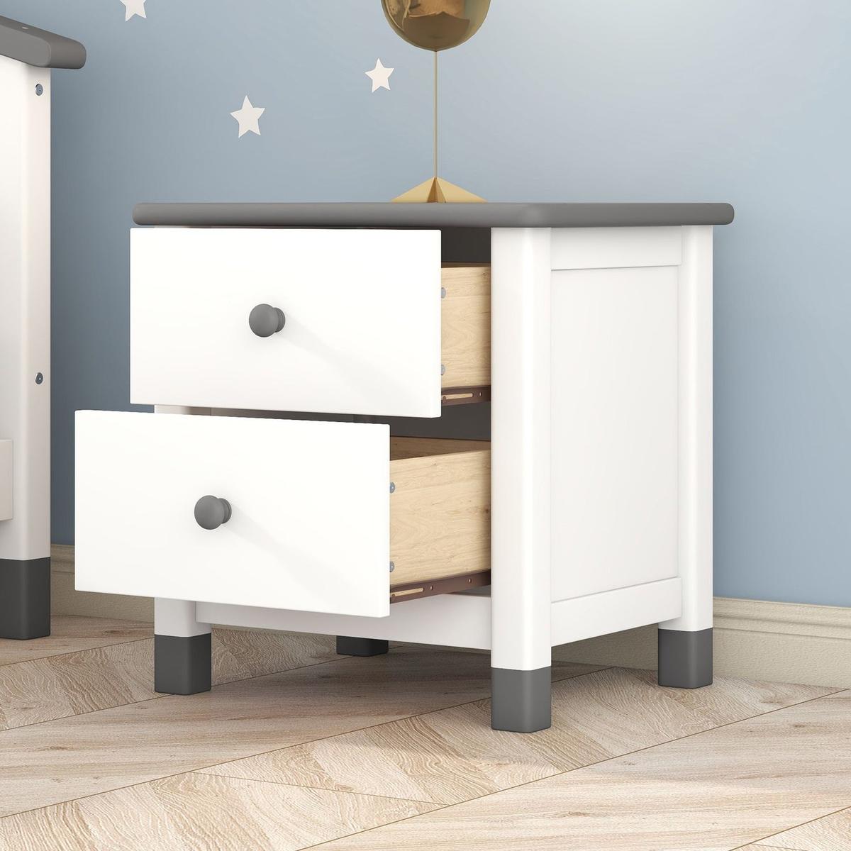 Wooden Nightstand with Two Drawers for Kids, End Table for Bedroom, White+Gray