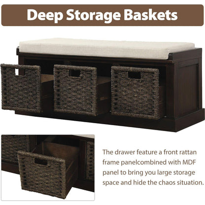 Rustic Storage Bench with 3 Removable Classic Rattan Basket, Entryway Bench with Removable Cushion (Espresso)