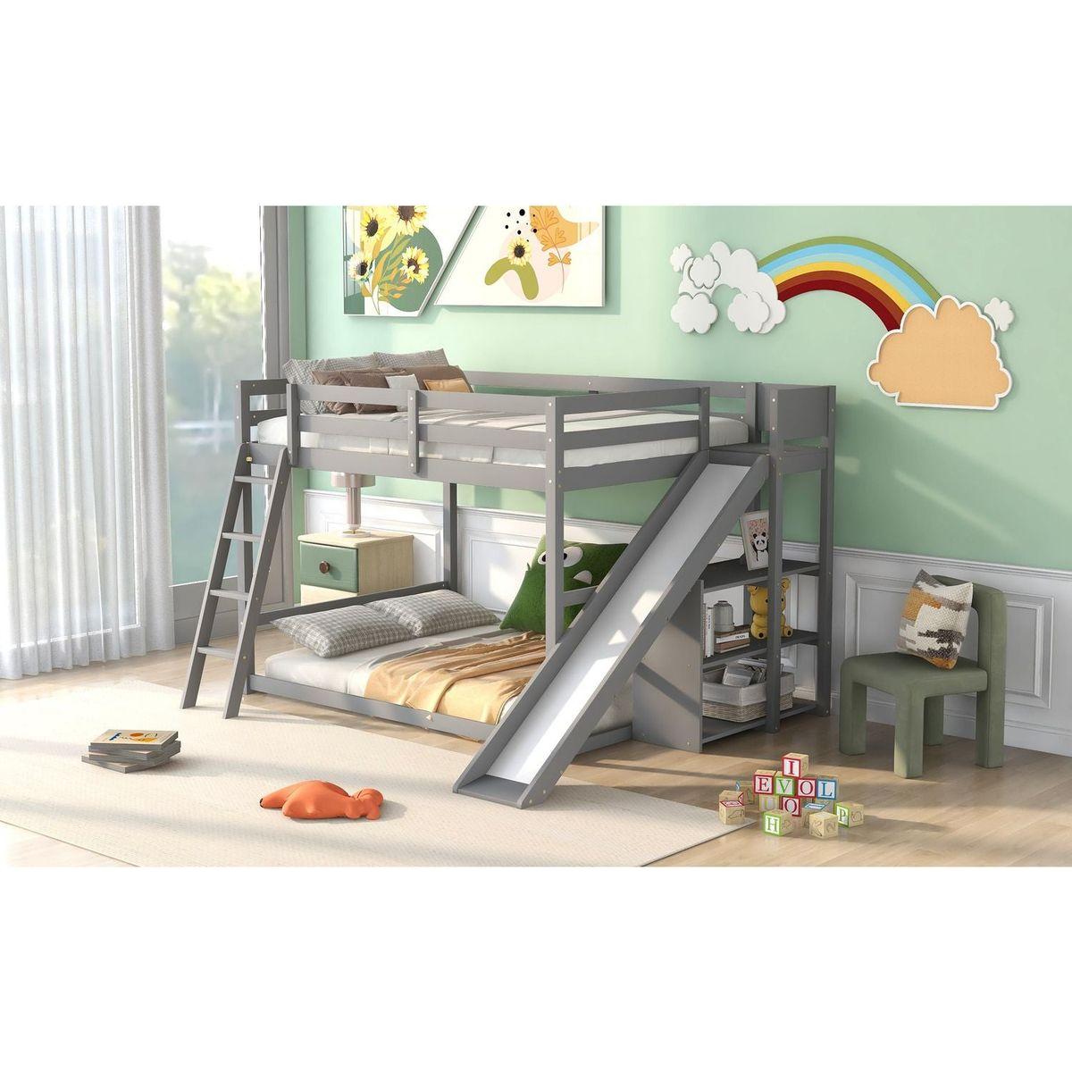 Full over Full Bunk Bed with Ladder, Slide and Shelves, Gray