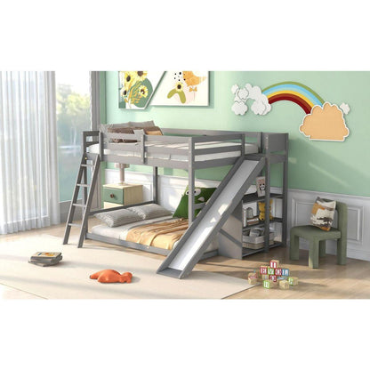 Full over Full Bunk Bed with Ladder, Slide and Shelves, Gray