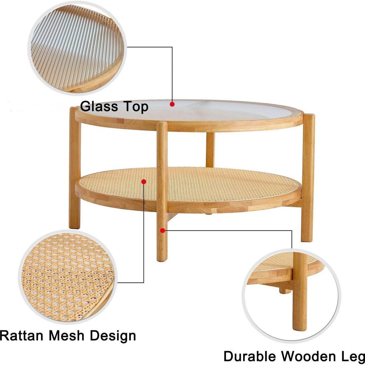 Modern simple circular double-layer solid wood tea table rattan woven Chinese side table small round table suitable for living room, dining room and bedroom