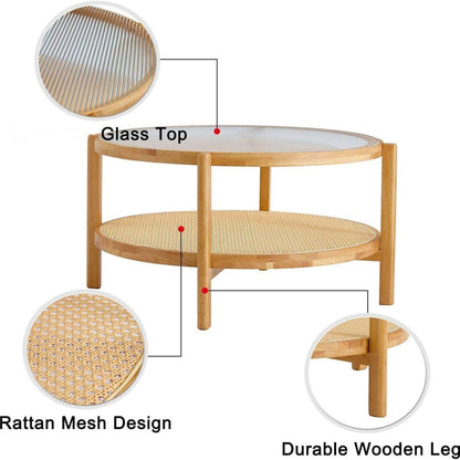 Modern simple circular double-layer solid wood tea table rattan woven Chinese side table small round table suitable for living room, dining room and bedroom