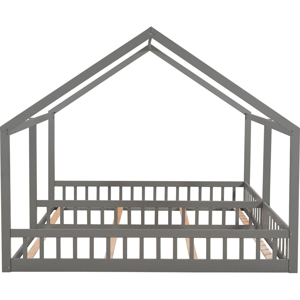 Twin Size House Platform Beds, Two Shared Beds, Gray - Streamdale Furniture