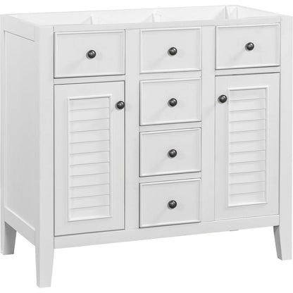 36" Bathroom Vanity without Sink, Cabinet Base Only, Two Cabinets and Five Drawers, Solid Wood Frame, White