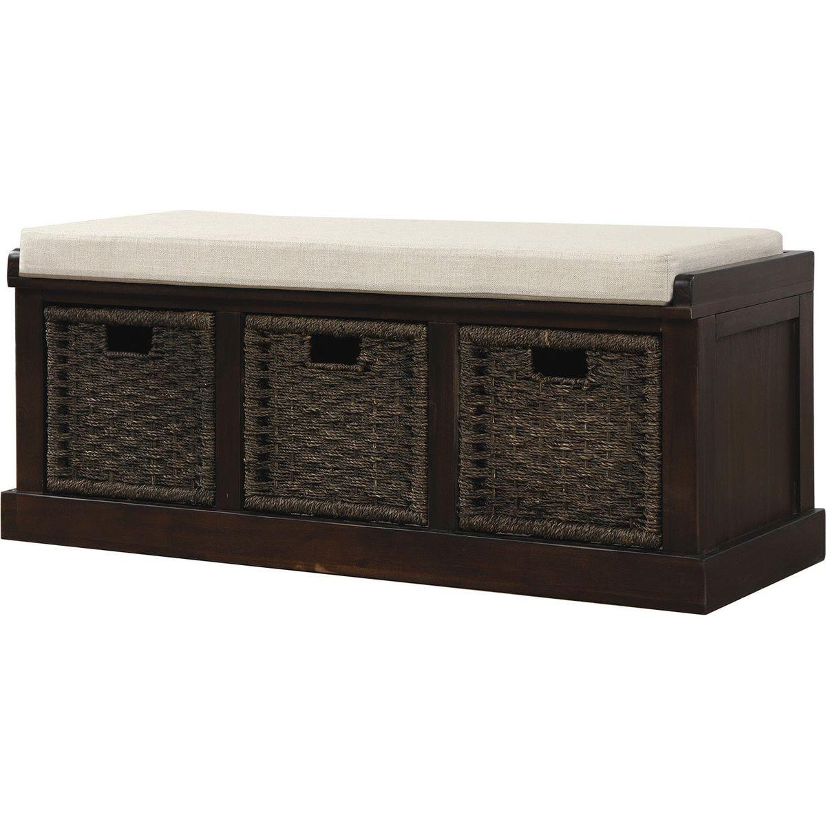 Rustic Storage Bench with 3 Removable Classic Rattan Basket, Entryway Bench with Removable Cushion (Espresso)