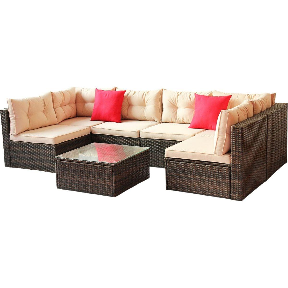 Patio Furniture Set PE Rattan Sectional Garden Furniture Corner Sofa Set (7 Pieces, Shallow brownCushion)