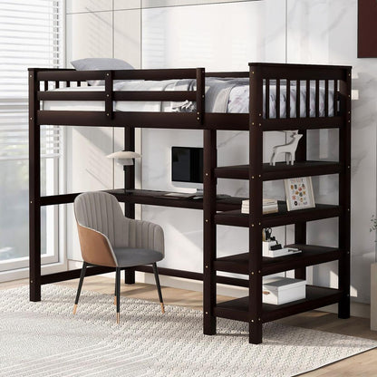 Twin Size Loft Bed with Storage Shelves and Under-bed Desk, Espresso
