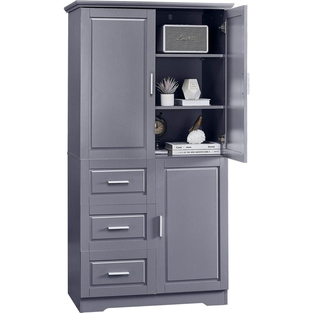 Tall and Wide Storage Cabinet with Doors for Bathroom/Office, Three Drawers, Grey
