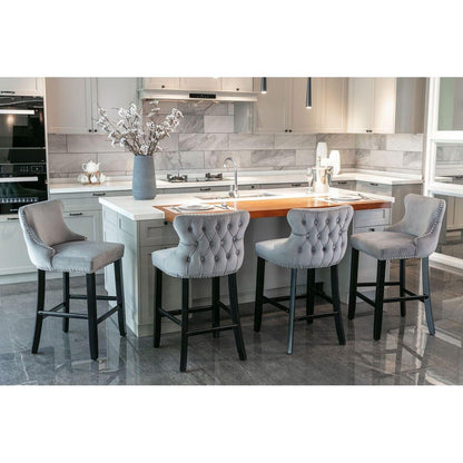 Contemporary Velvet Upholstered Wing-Back Barstools with Button Tufted Decoration and Wooden Legs, and Chrome Nailhead Trim, Leisure Style Bar Chairs, Bar stools, Set of 2 (Gray)