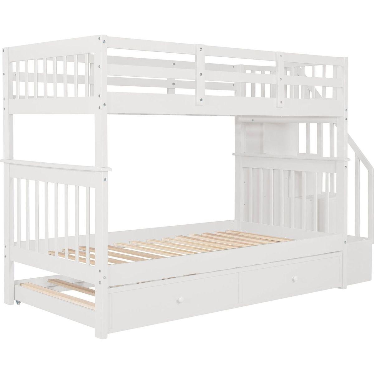 Stairway Twin-Over-Twin Bunk Bed with Twin size Trundle for Bedroom, Dorm, Adults, White () - Streamdale Furniture