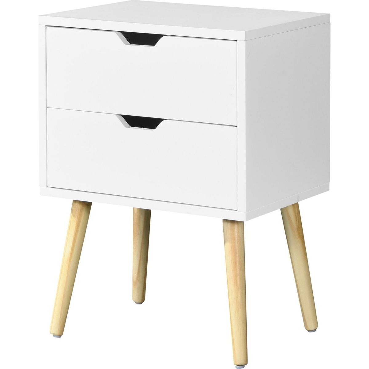 Side Table with 2 Drawer and Rubber Wood Legs, Mid-Century Modern Storage Cabinet for Bedroom Living Room Furniture, White