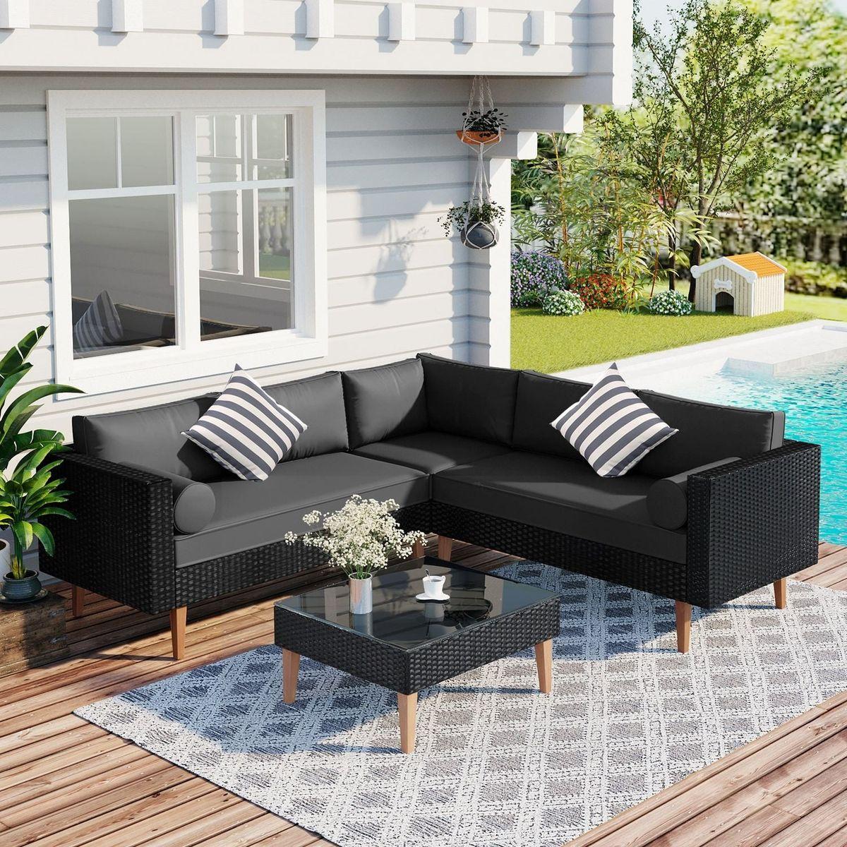 GO 4-pieces Outdoor Wicker Sofa Set, Patio Furniture with Colorful Pillows, L-shape sofa set, Gray cushions and Black Rattan