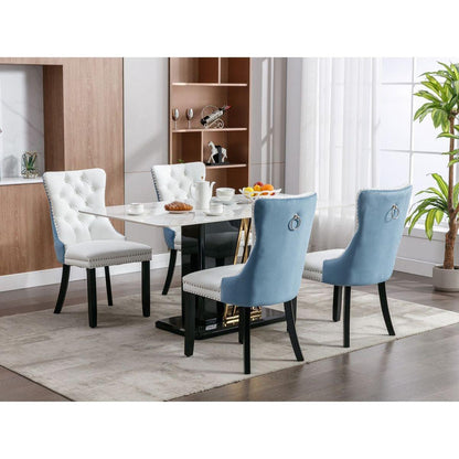 Nikki Collection Modern, High-end Tufted Solid Wood Contemporary PU and Velvet Upholstered Dining Chair with Wood Legs Nailhead Trim 2-Pcs Set, White+Light Blue