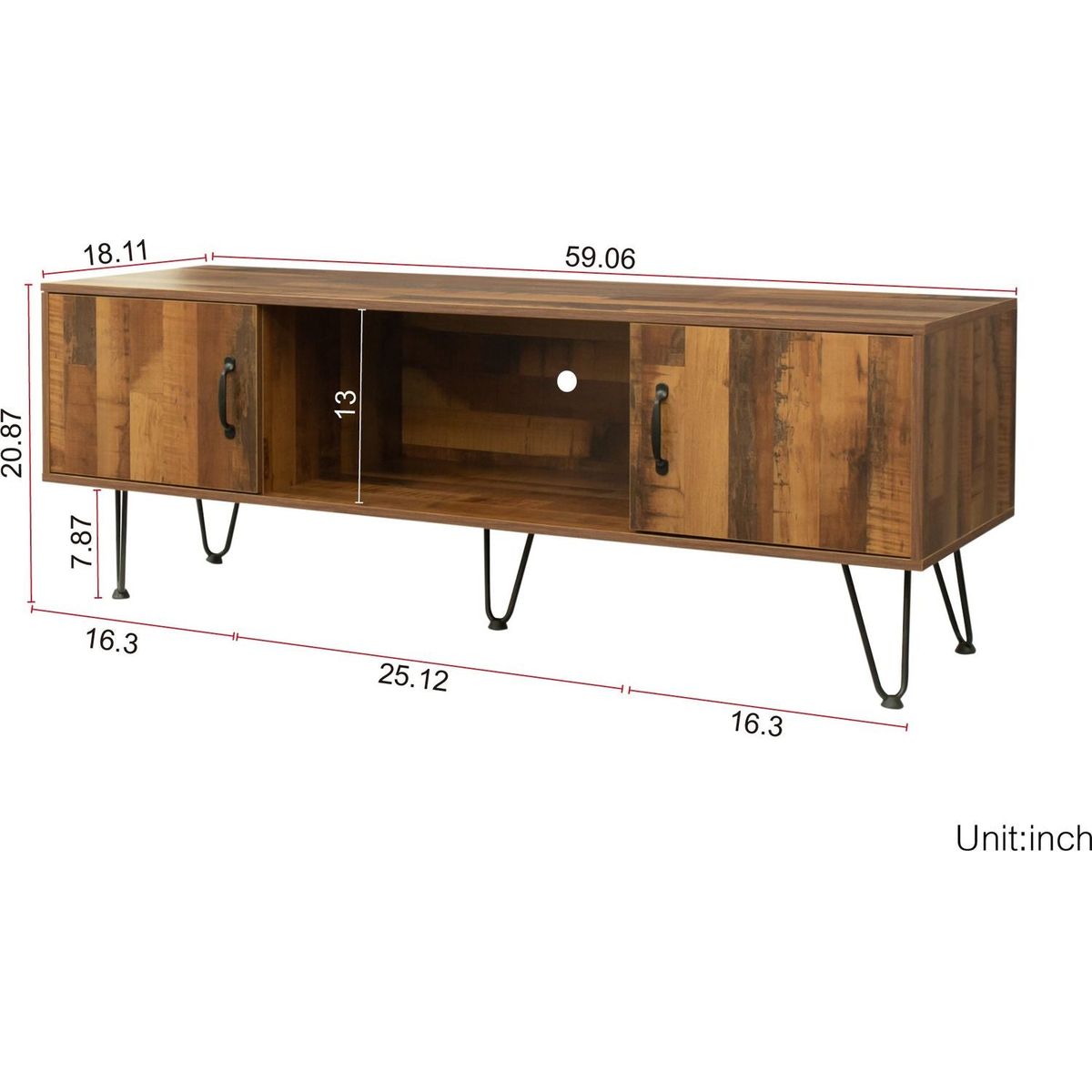 TV Media Stand, 60 inch Wide, Modern Industrial, Living Room Entertainment Center, Storage Shelves and Cabinets, for Flat Screen TVs up to 65 inches in Natural