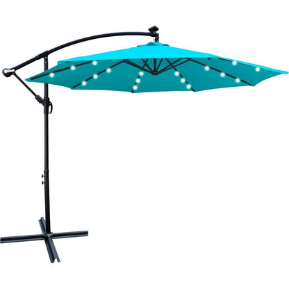 10 ft Outdoor Patio Umbrella Solar Powered LED Lighted Sun Shade Market Waterproof 8 Ribs Umbrella with Crank and Base for Garden Deck Backyard Pool