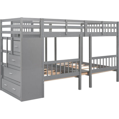 Full Over Twin & Twin Bunk Bed, Wood Triple Bunk Bed with Drawers and Guardrails (Gray)