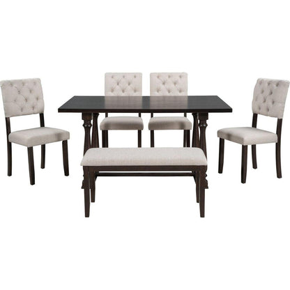 6-Piece Dining Table and Chair Set with Special-shaped Legs and Foam-covered Seat Backs&Cushions for Dining Room (Espresso)