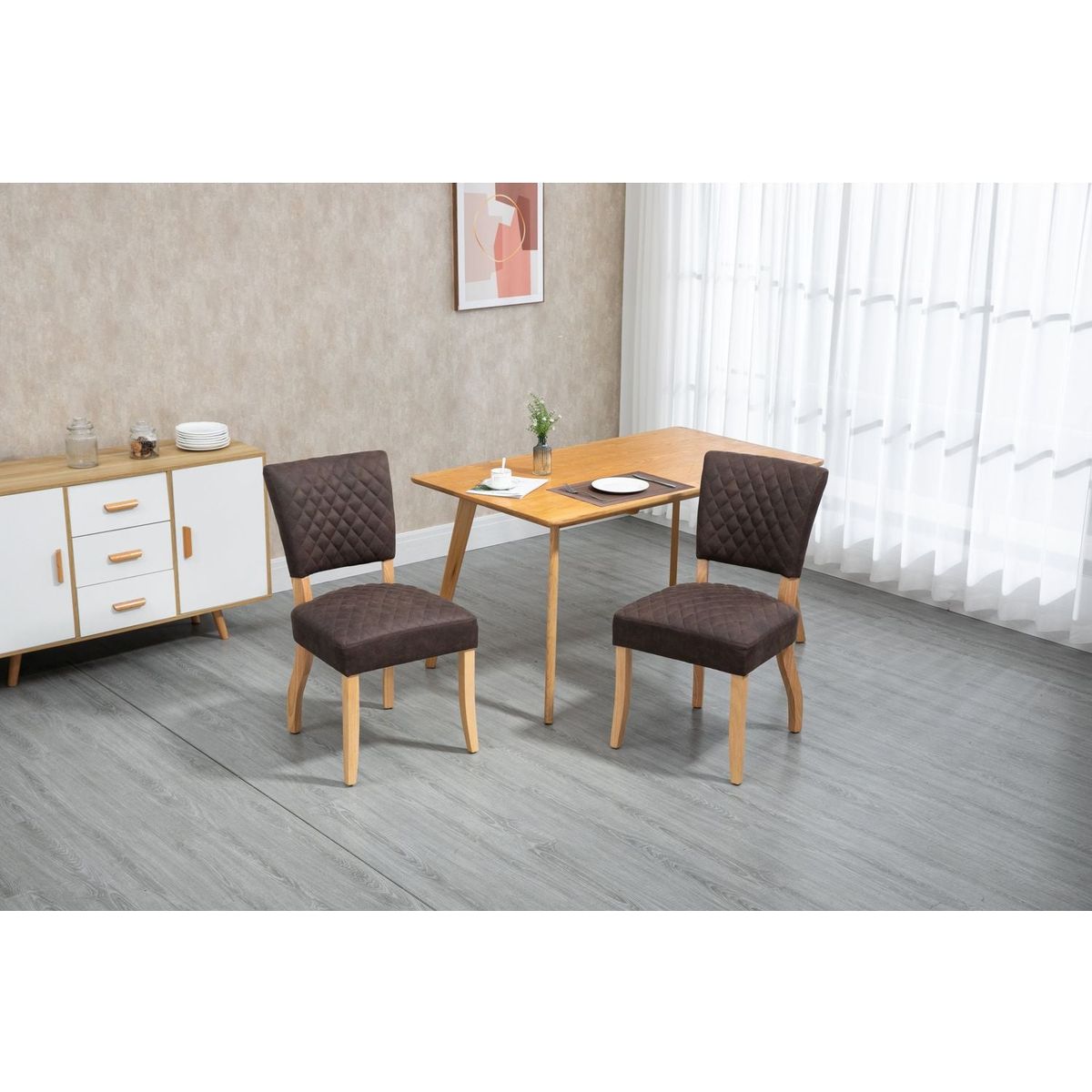 Upholstered Diamond Stitching Leathaire Dining Chair with Solid Wood Legs BROWN