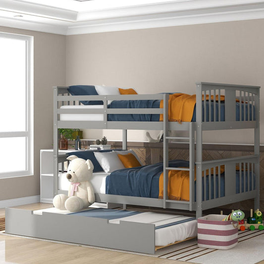 Full over Full Bunk Bed with Twin Size Trundle and Ladder-White