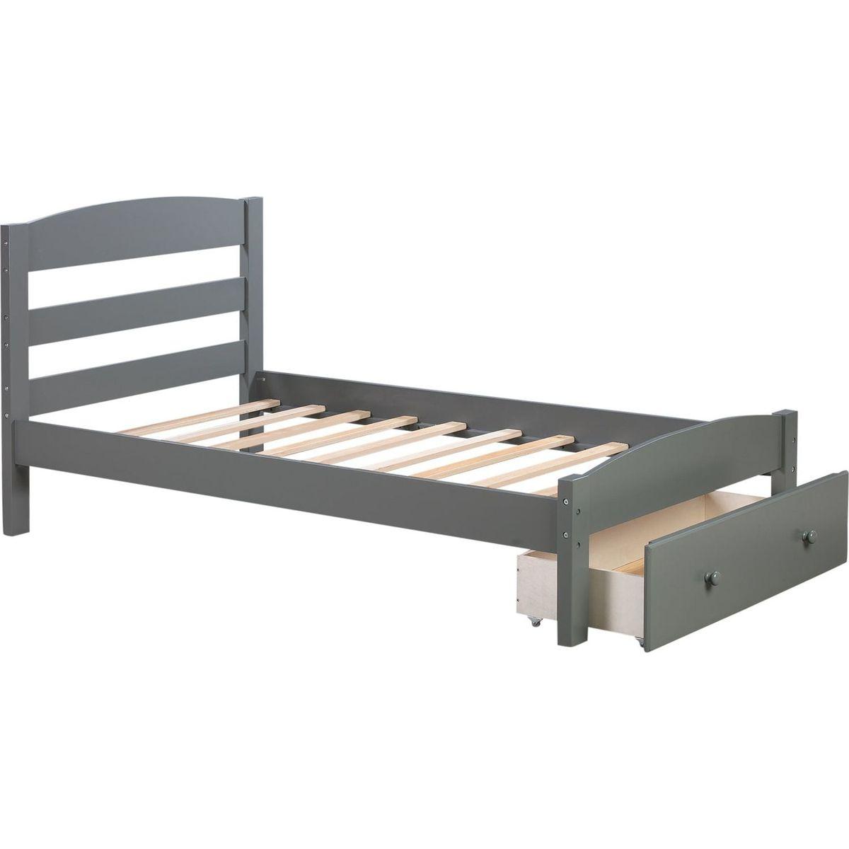 Platform Twin Bed Frame with Storage Drawer and Wood Slat Support No Box Spring Needed, Gray