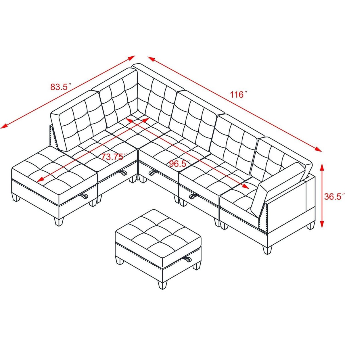 L shape Modular Sectional Sofa DIY Combination Includes Three Single Chair Two Corner and Two Ottoman Black Velvet.