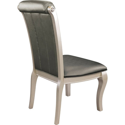 Crystal Button-Tufted Side Chairs 2pc Set Silver Finish Wood Frame Gray Faux Leather Upholstered Dining Furniture