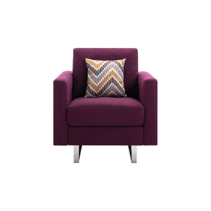 Victoria Purple Linen Fabric Armchair with Metal Legs, Side Pockets, and Pillow