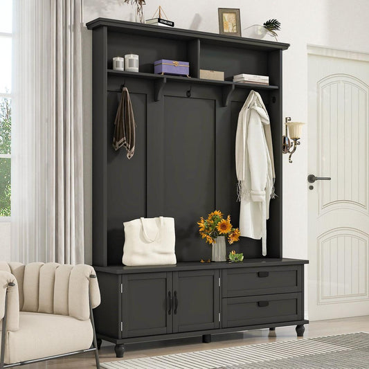 Modern Style Hall Tree with Storage Cabinet and 2 Large Drawers, Widen Mudroom Bench with 5 Coat Hooks, Black