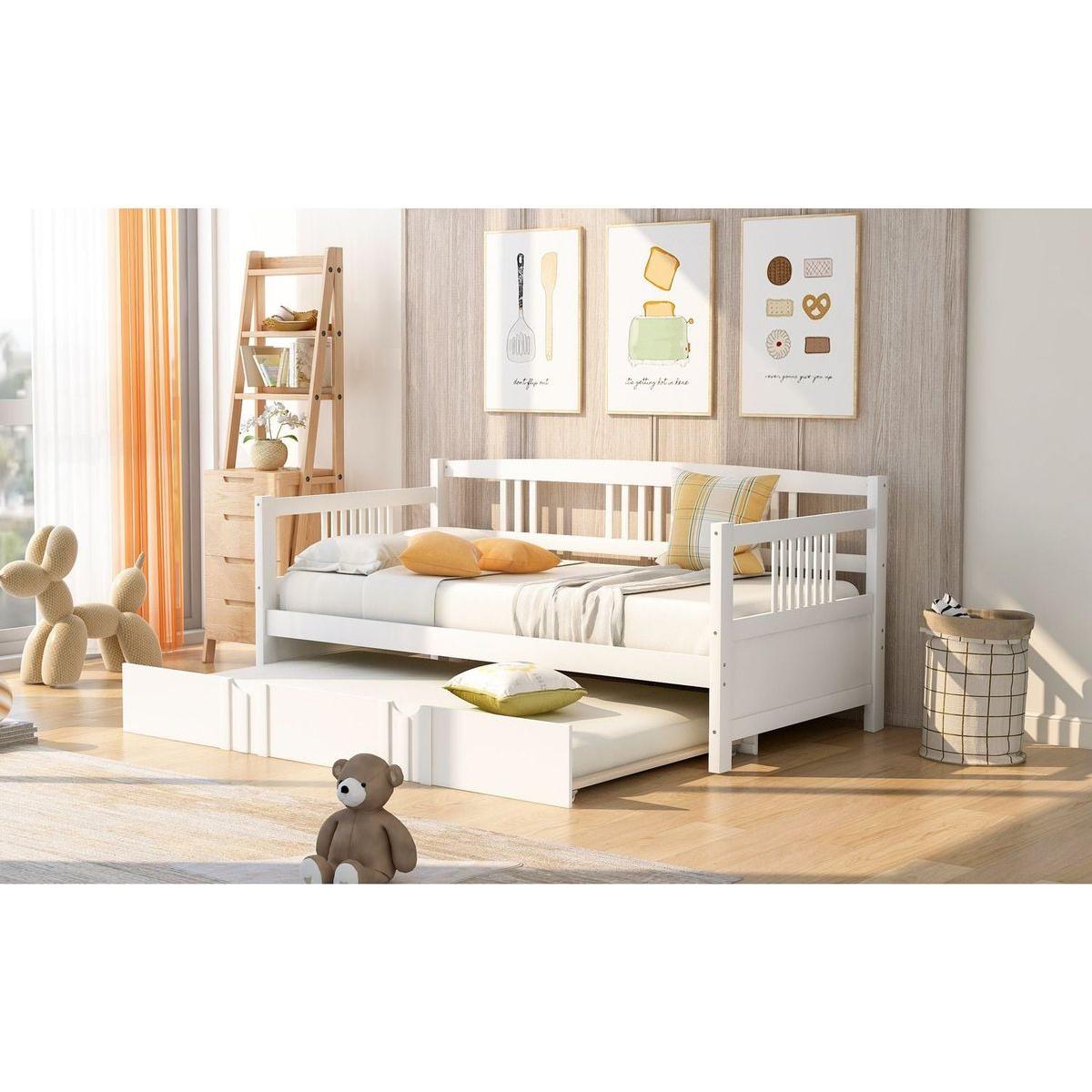 Twin Size Daybed Wood Bed with Twin Size Trundle, White