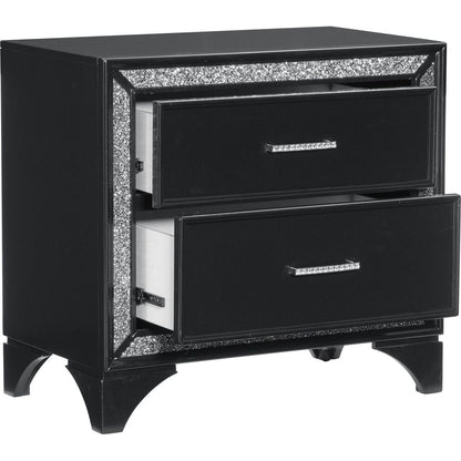 Glamourous Peal Black Metallic Finish 1pc Nightstand of 2x Drawers Faux Crystal Handles Modern Bedroom Wooden Furniture