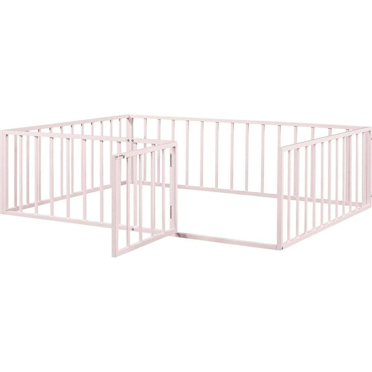 Full Size Metal Floor Bed Frame with Fence and Door, Pink