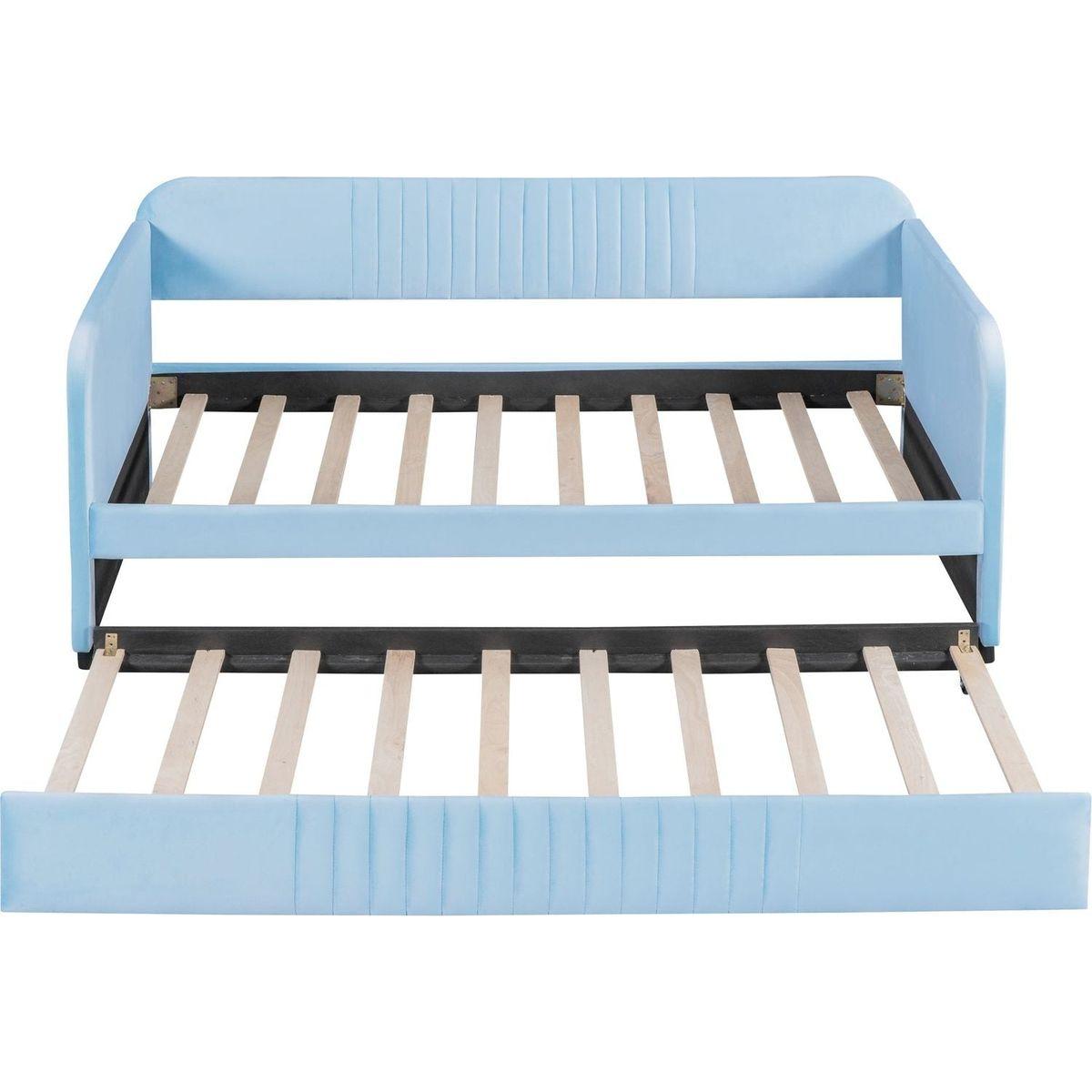 Upholstered Daybed Sofa Bed Twin Size With Trundle Bed and Wood Slat, Light Blue
