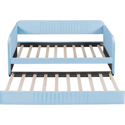 Upholstered Daybed Sofa Bed Twin Size With Trundle Bed and Wood Slat, Light Blue