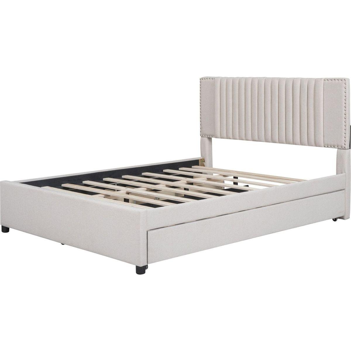 Queen Size Upholstered Platform Bed with 2 Drawers and 1 Twin XL Trundle, Classic Headboard Design, Beige