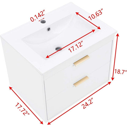 24" Floating Wall Mounted Bathroom Vanity with White Porcelain Sink and Soft Close Doors