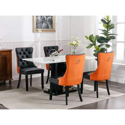 Nikki Collection Modern, High-end Tufted Solid Wood Contemporary PU and Velvet Upholstered Dining Chair with Wood Legs Nailhead Trim 2-Pcs Setlack+Orange