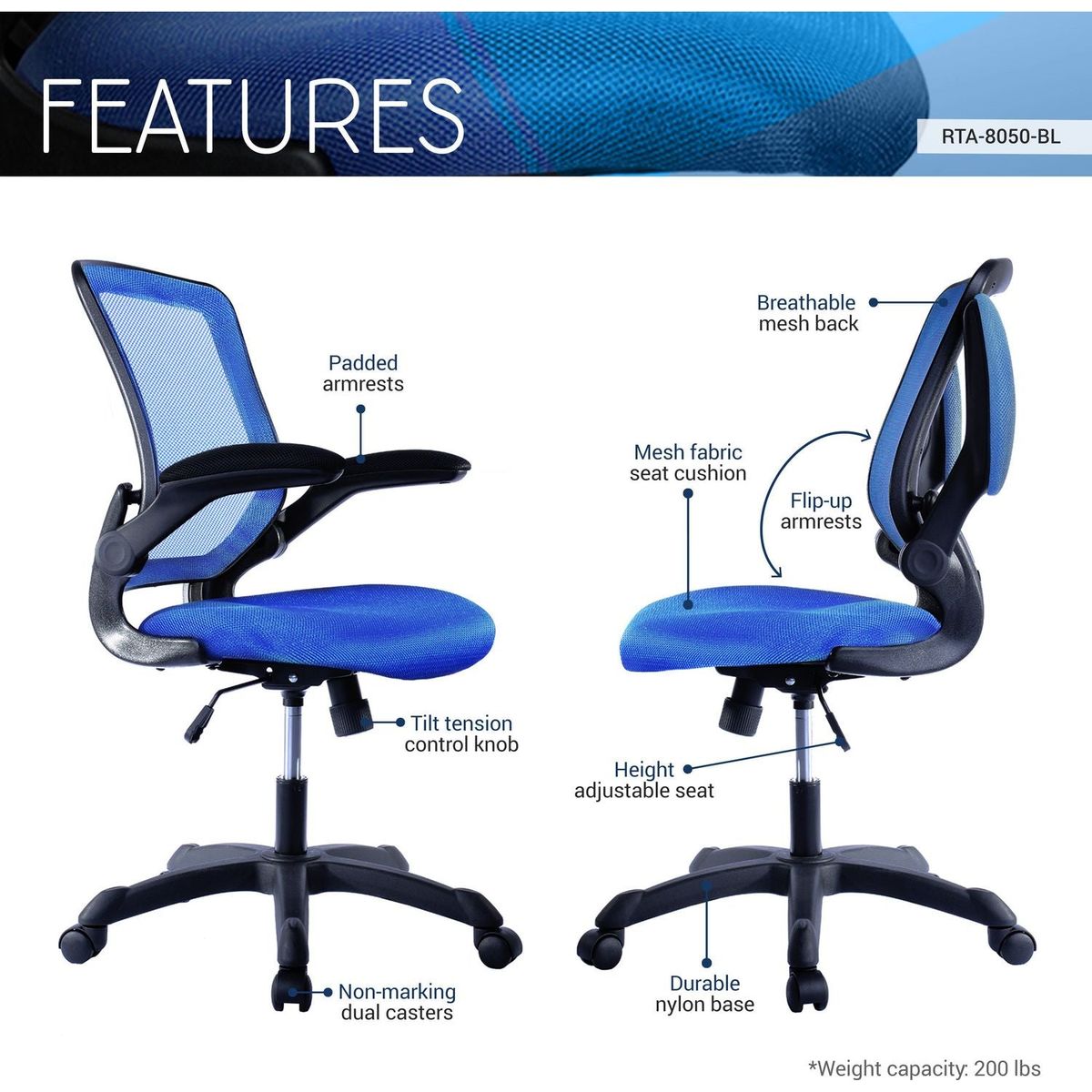 Mesh Task Office Chair with Flip Up Arms, Blue