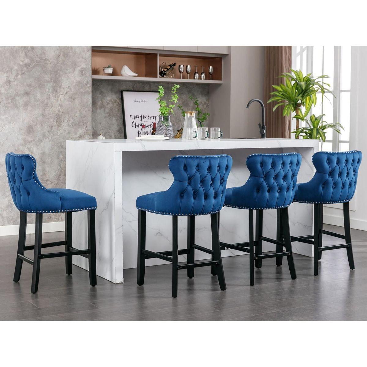 Contemporary Velvet Upholstered Wing-Back Barstools with Button Tufted Decoration and Wooden Legs, and Chrome Nailhead Trim, Leisure Style Bar Chairs,Bar stools,Set of 2 (Blue)