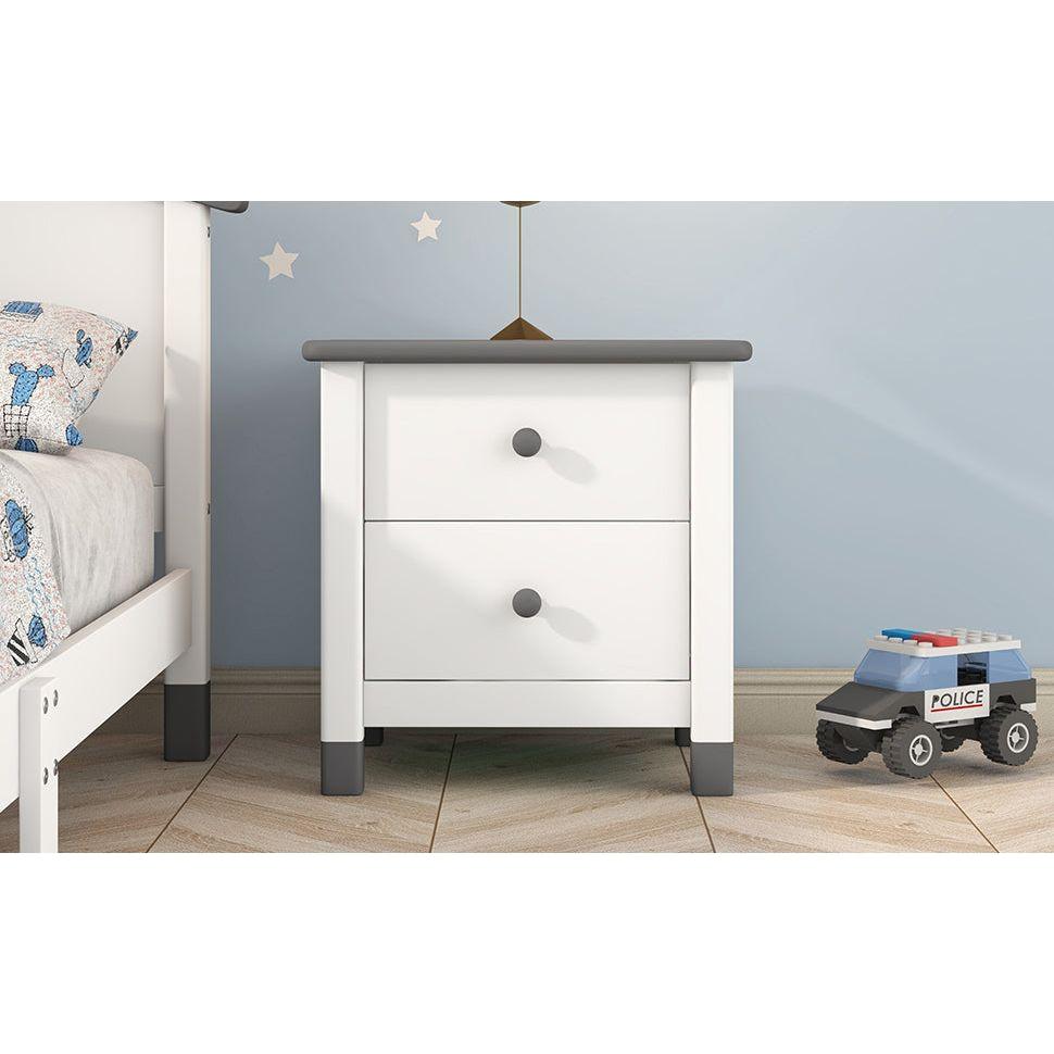 Wooden Nightstand with Two Drawers for Kids, End Table for Bedroom, White+Gray