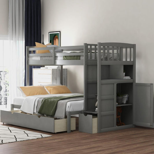 Twin over Full/Twin Bunk Bed, Convertible Bottom Bed, Storage Shelves and Drawers, Gray - Streamdale Furniture