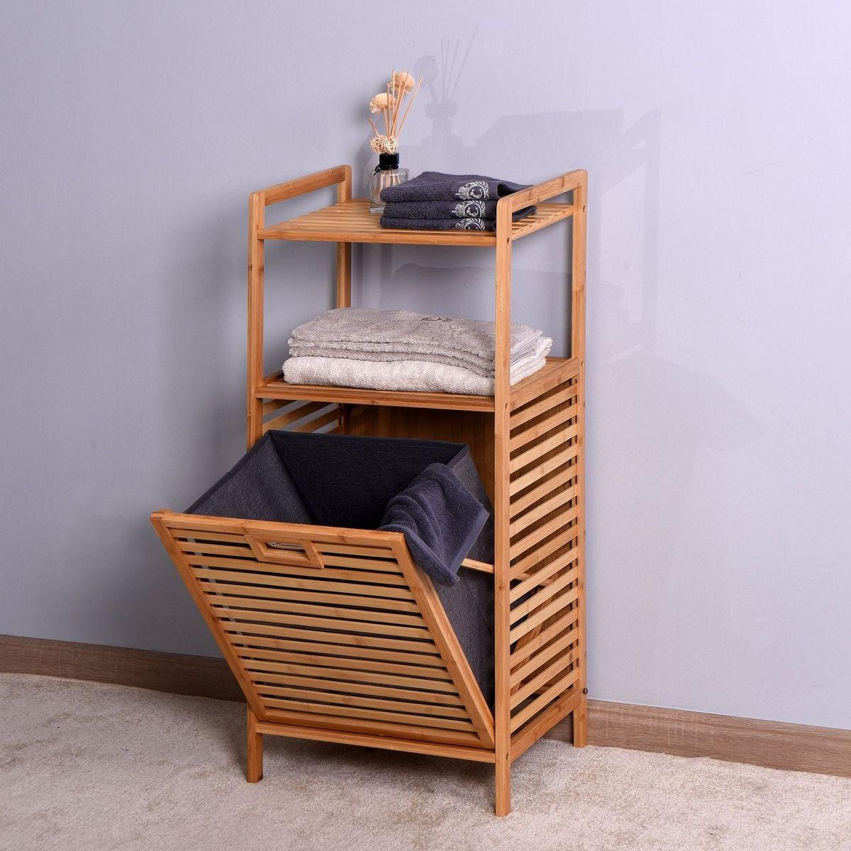Bathroom Laundry Basket Bamboo Storage Basket with 2-tier Shelf 17.32 x 13 x 37.8 inch - Streamdale Furniture
