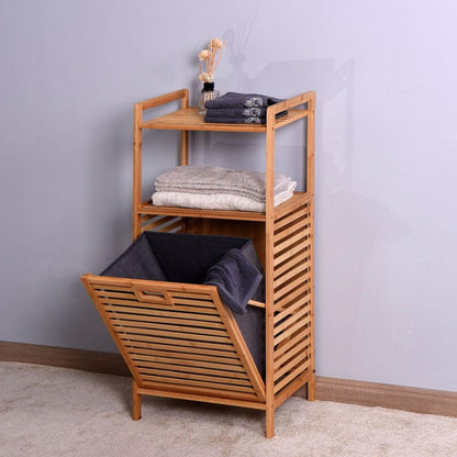 Bathroom Laundry Basket Bamboo Storage Basket with 2-tier Shelf 17.32 x 13 x 37.8 inch - Streamdale Furniture