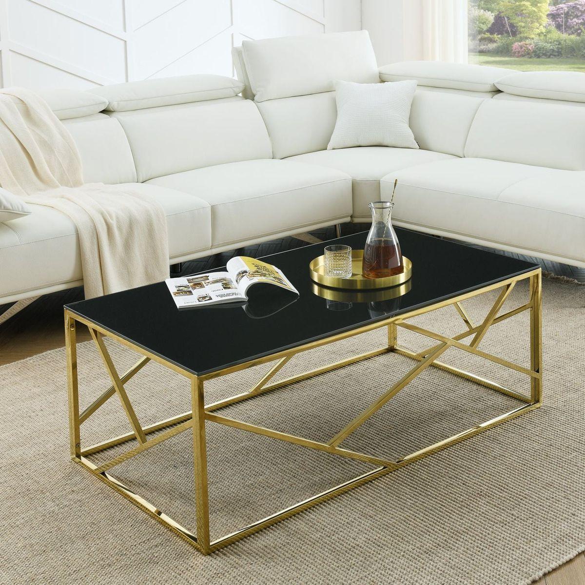 Modern Rectangular Coffee Accent Table with Black Tempered Glass Top and Stainless Steel Frame for Living Room Bedroom - Gold - Streamdale Furniture