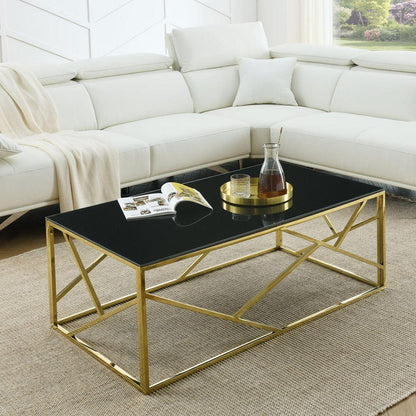 Modern Rectangular Coffee Accent Table with Black Tempered Glass Top and Stainless Steel Frame for Living Room Bedroom - Gold - Streamdale Furniture