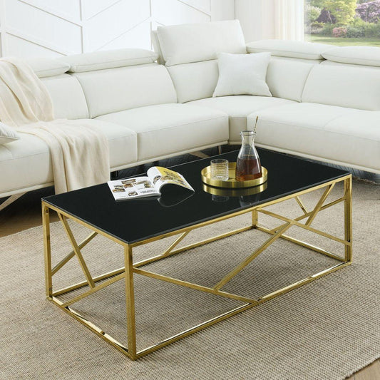 Modern Rectangular Coffee Accent Table with Black Tempered Glass Top and Stainless Steel Frame for Living Room Bedroom - Gold - Streamdale Furniture