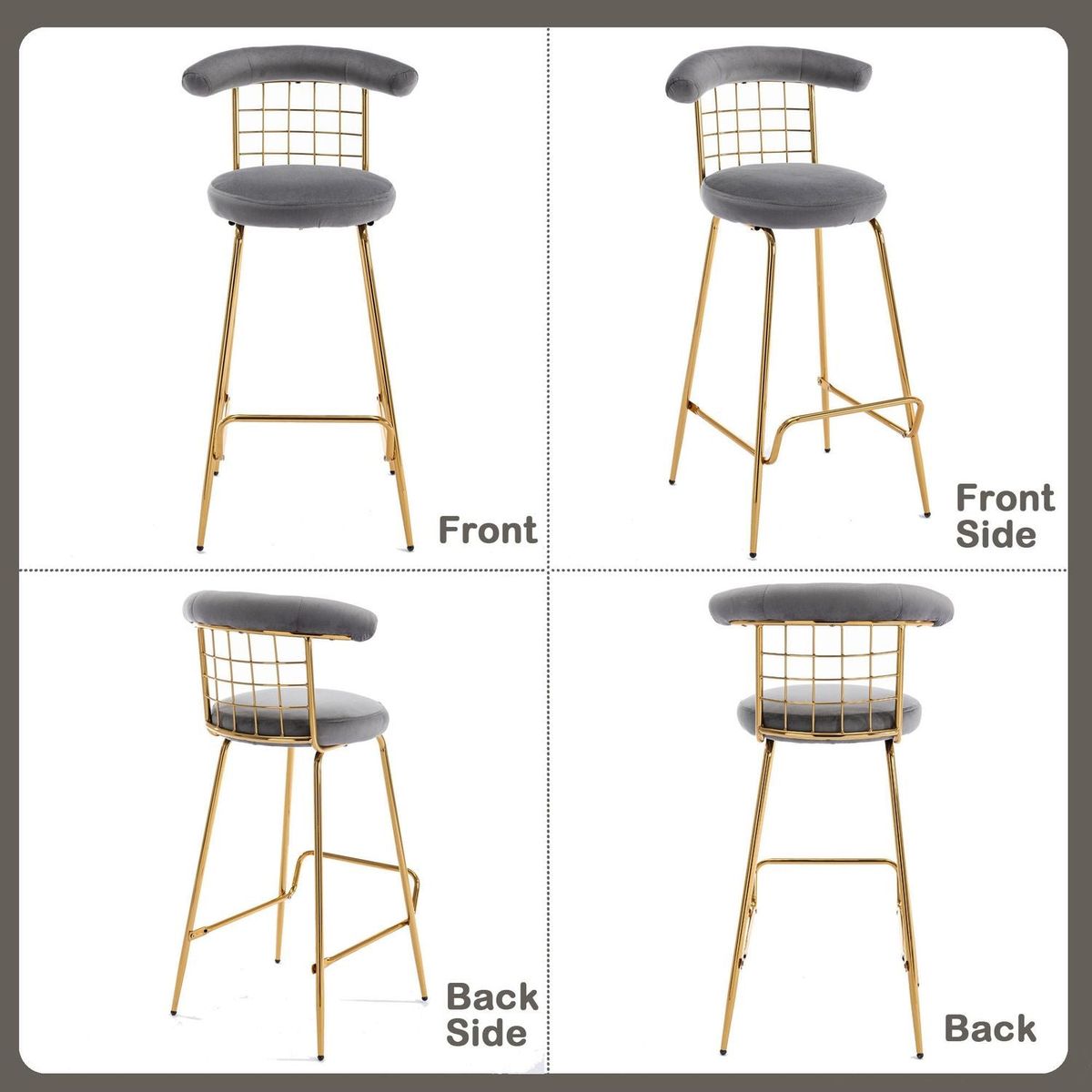 Bar Stool Set of 2, Luxury Velvet High Bar Stool with Metal Legs and Soft Back, Pub Stool Chairs Armless Modern Kitchen High Dining Chairs with Metal Legs, Grey