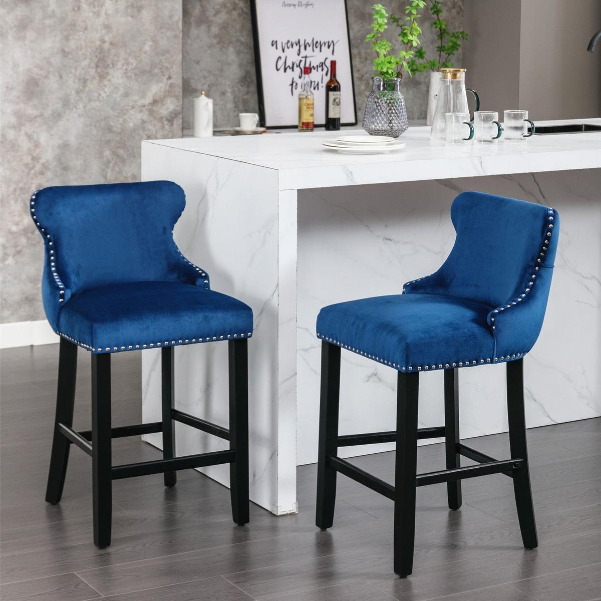 Contemporary Velvet Upholstered Wing-Back Barstools with Button Tufted Decoration and Wooden Legs, and Chrome Nailhead Trim, Leisure Style Bar Chairs,Bar stools,Set of 2 (Blue)